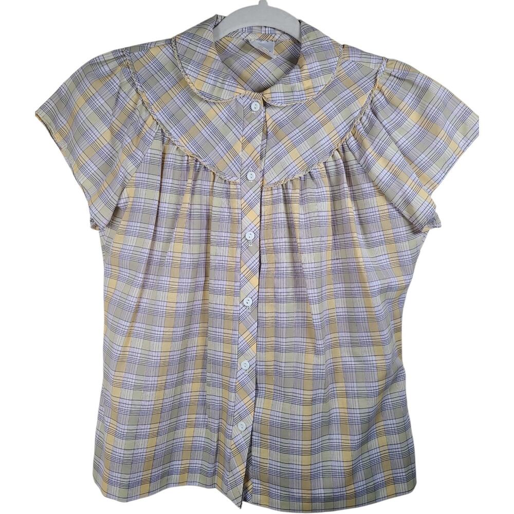 Vintage 70s Womens Blouse Plaid Lace Trim Cap Sleeve Button Up SZ SM Summer